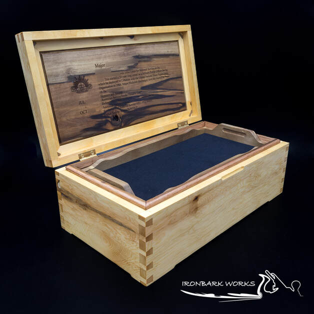 This Major was called up for National Service but ended up staying in the Army for a 20 years. This medal box is made from Huon Pine and Black Heart Sassafras.