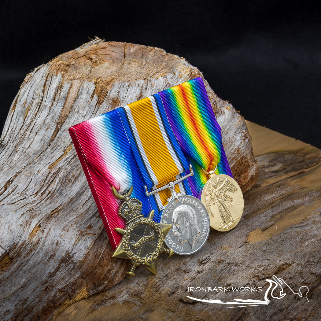 Replica medals - medal mounting - Ironbark Works - The replica medals in this set as follows 1914-15 Star, British War Medal and Victory Medal.